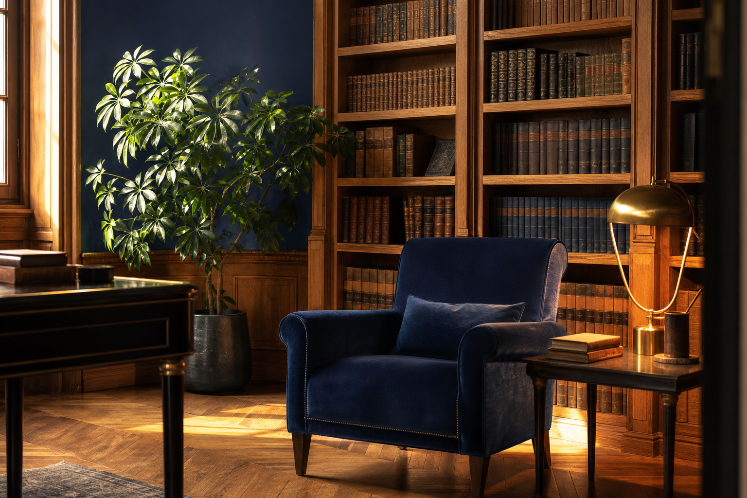 Coin bureau premium avec boiseries, plante et fauteuil marine