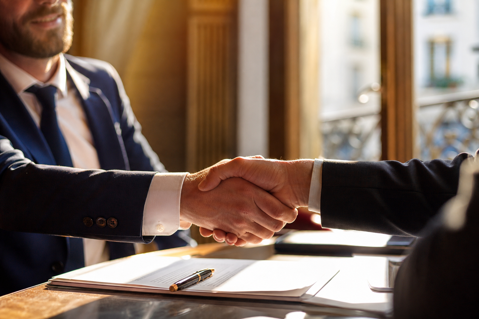 Poignée de main entre deux professionnels au-dessus d'un bureau avec documents