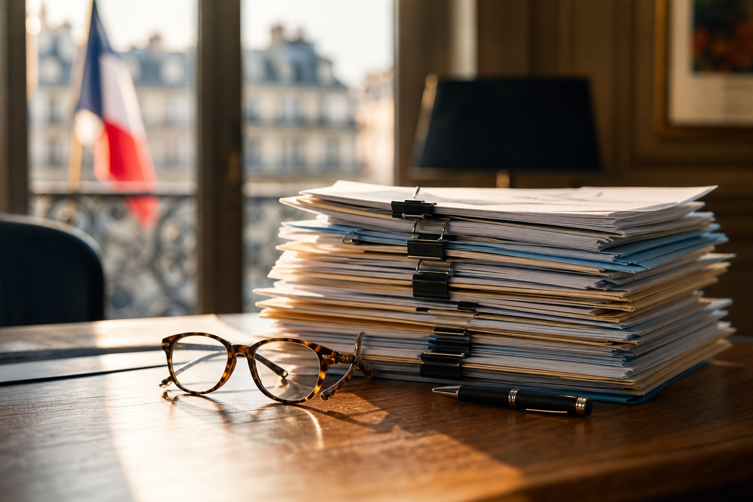 Pile ordonnée de documents fiscaux avec lunettes et stylo