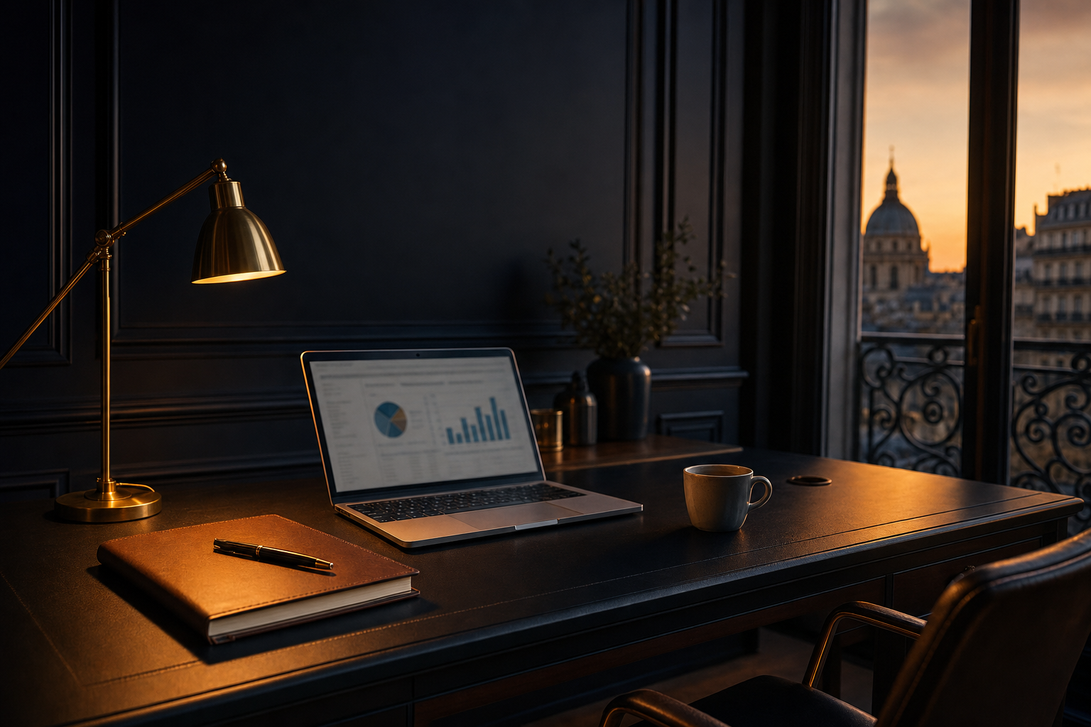 Bureau d'expertise comptable au crépuscule, lampe en laiton et ordinateur affichant des graphiques financiers