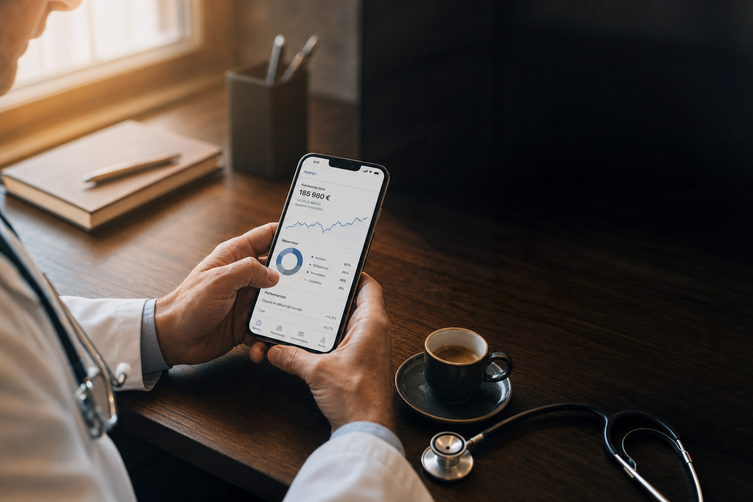 Médecin consultant son tableau de bord financier sur smartphone, stéthoscope et espresso sur le bureau