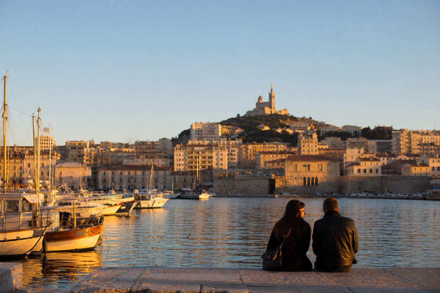 Vieux-Port de Marseille à l'heure dorée avec Notre-Dame de la Garde sur la colline