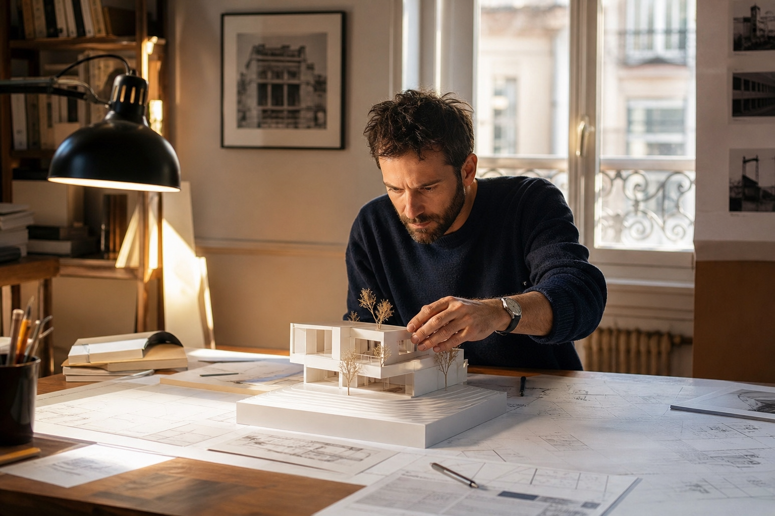 Architecte ajustant une maquette blanche au-dessus de ses plans