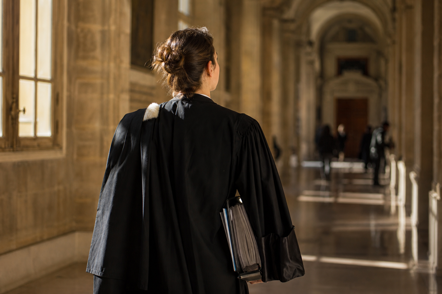 Avocate en robe traversant la galerie d'un palais de justice, dossiers sous le bras