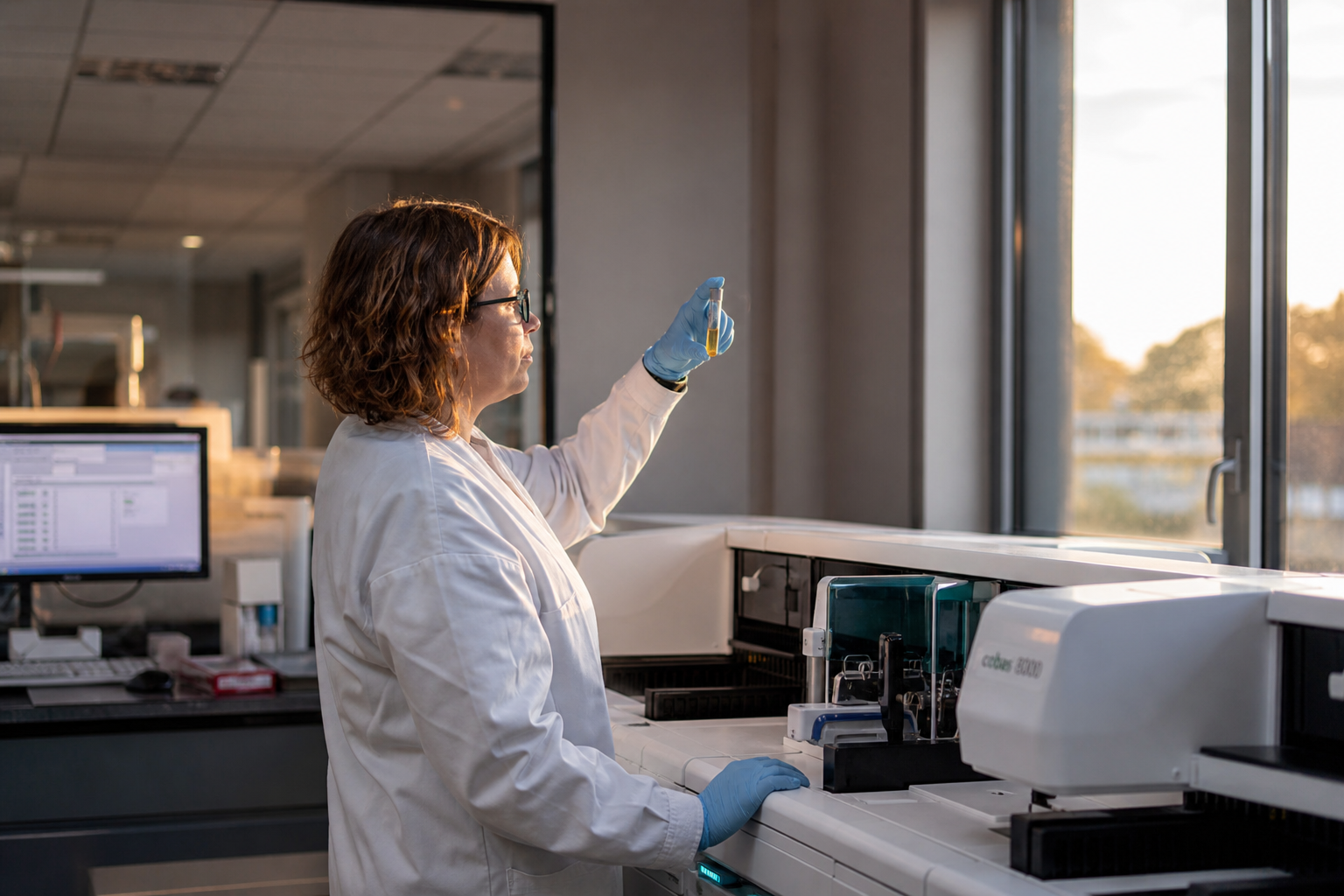 Biologiste médicale examinant un tube de prélèvement devant les automates du laboratoire