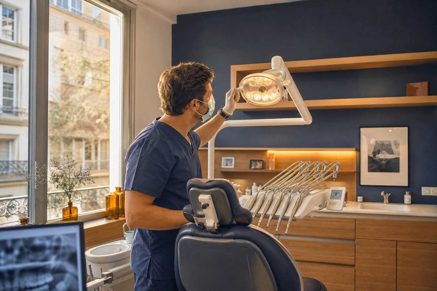 Dentiste réglant le scialytique au-dessus du fauteuil dans un cabinet dentaire moderne