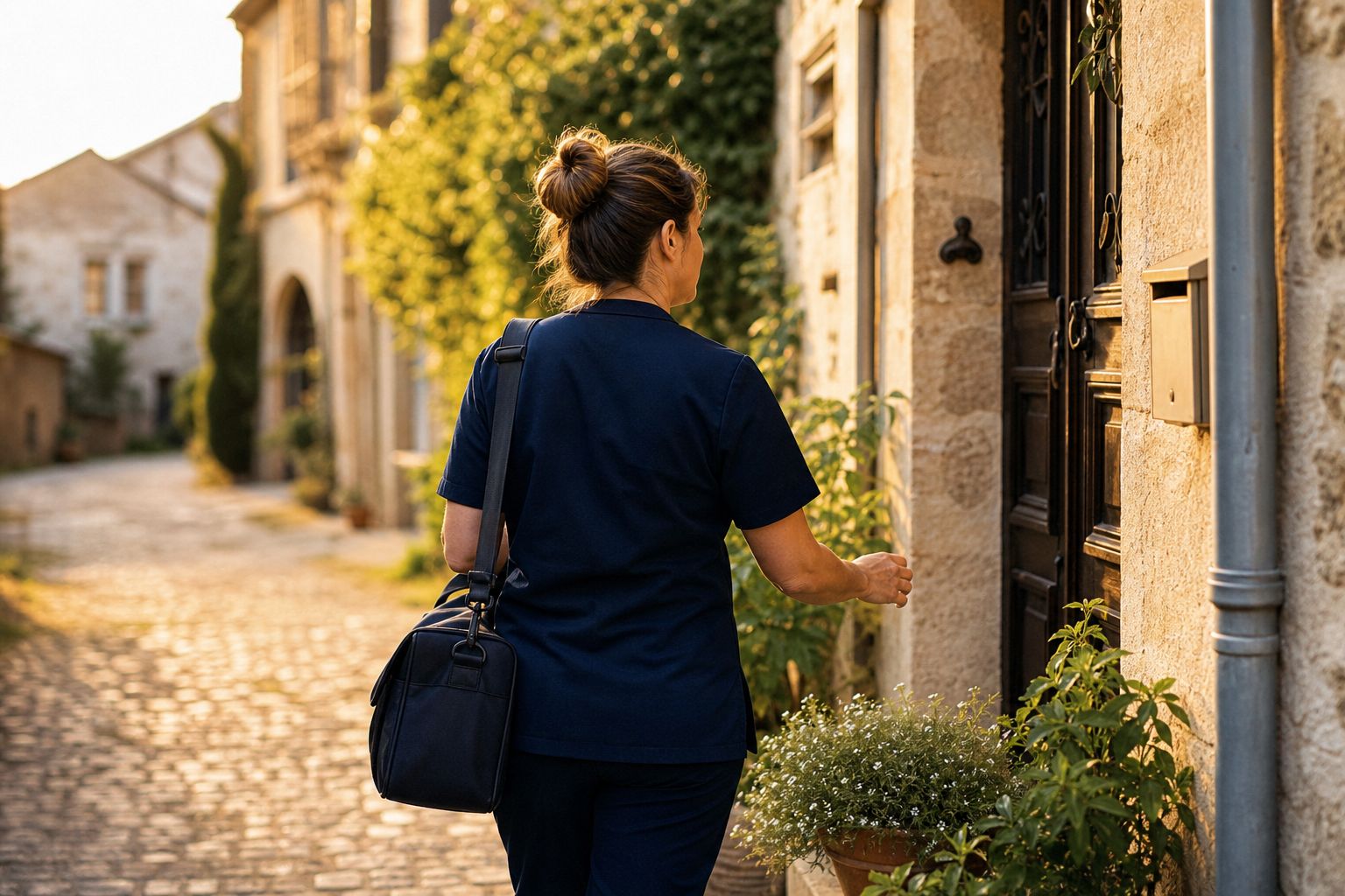 Infirmière à domicile avec sa sacoche médicale devant la porte d'une maison provençale