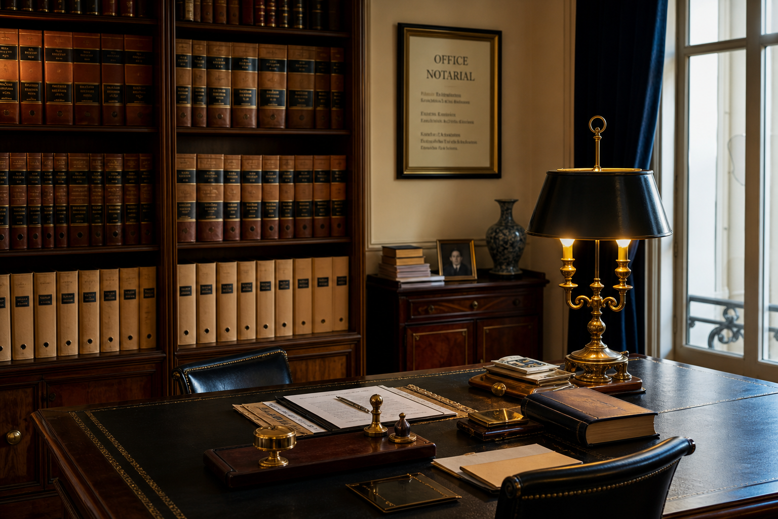 Étude notariale classique, bureau cuir et reliures
