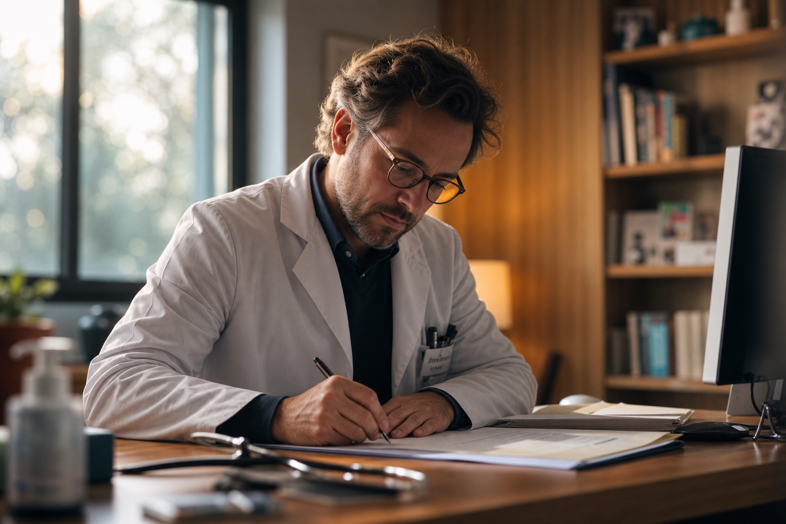 Médecin généraliste rédigeant un dossier patient à son bureau dans la lumière dorée de son cabinet