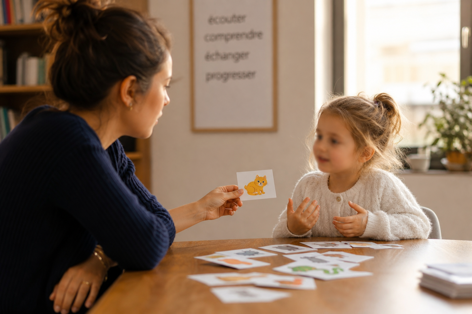 Orthophoniste travaillant avec une enfant sur des cartes images à une table en bois