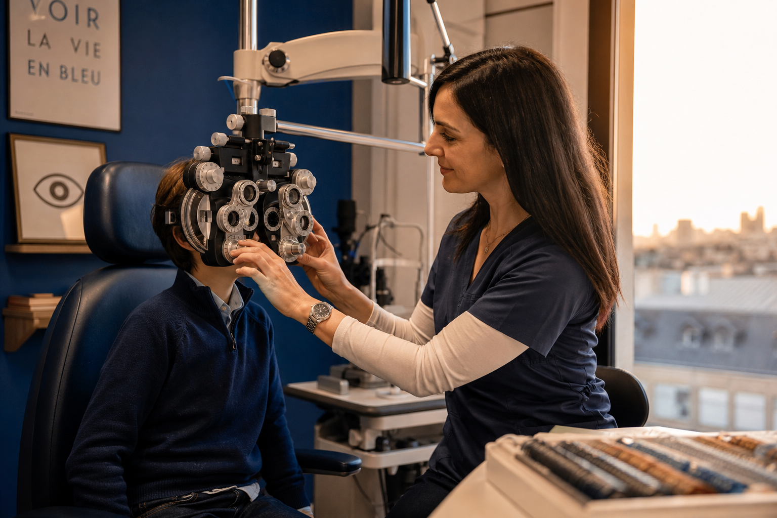 Orthoptiste réalisant un bilan visuel derrière un réfracteur dans un cabinet moderne