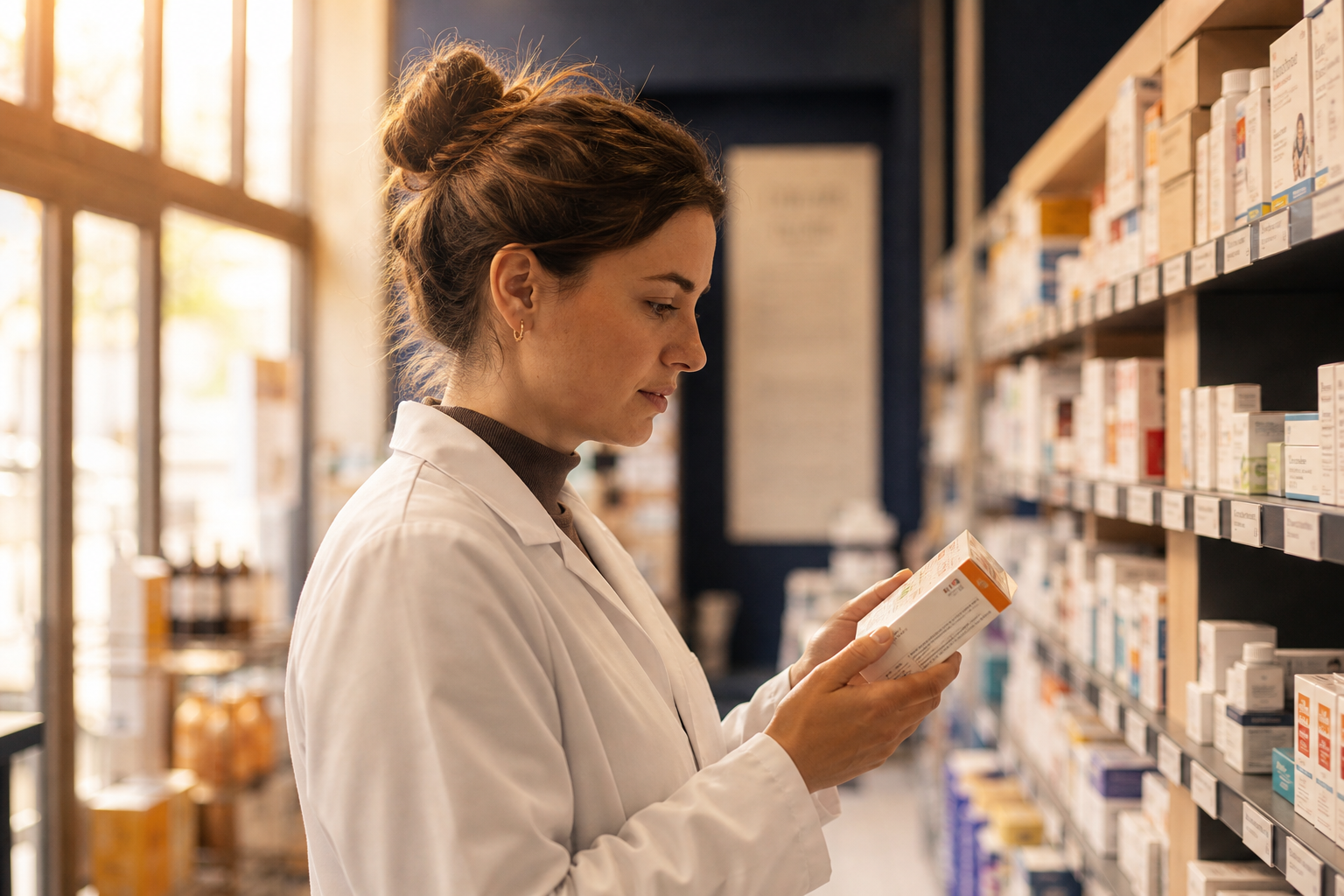 Pharmacienne vérifiant une boîte de médicament dans le rayon d'une officine