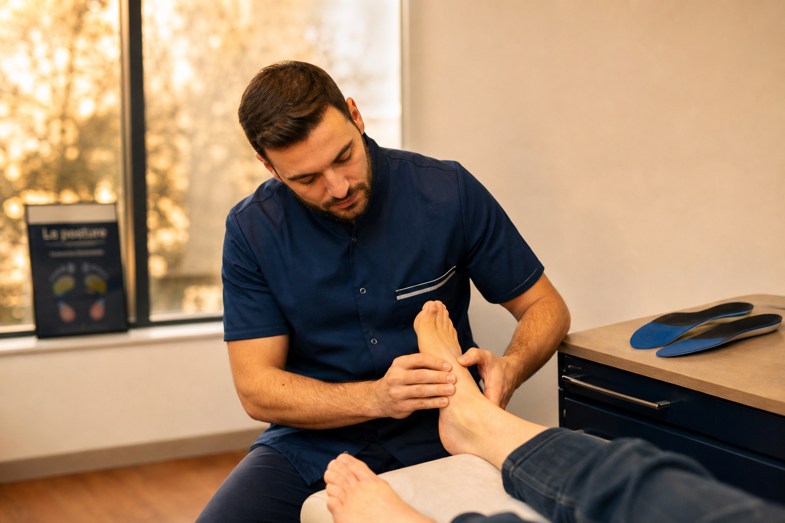 Pédicure-podologue examinant le pied d'un patient, semelles orthopédiques sur le plan de travail