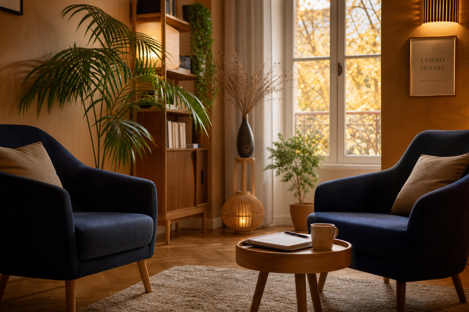 Cabinet de psychologue chaleureux avec deux fauteuils face à face dans une lumière douce