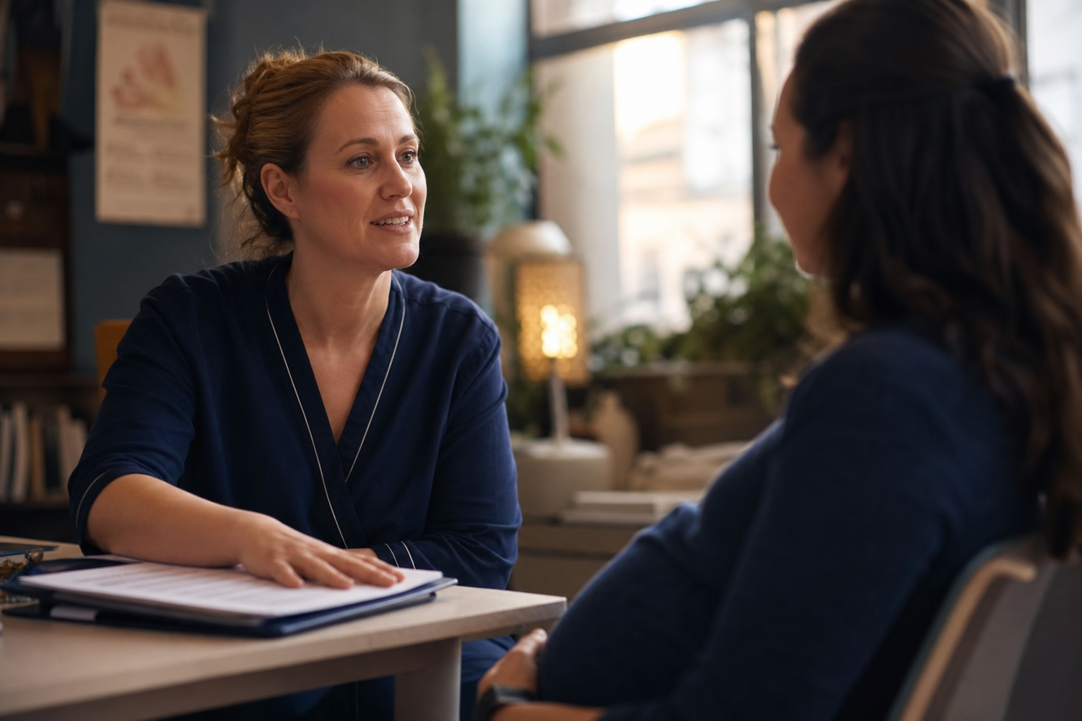 Sage-femme rassurant une patiente enceinte lors d'une consultation
