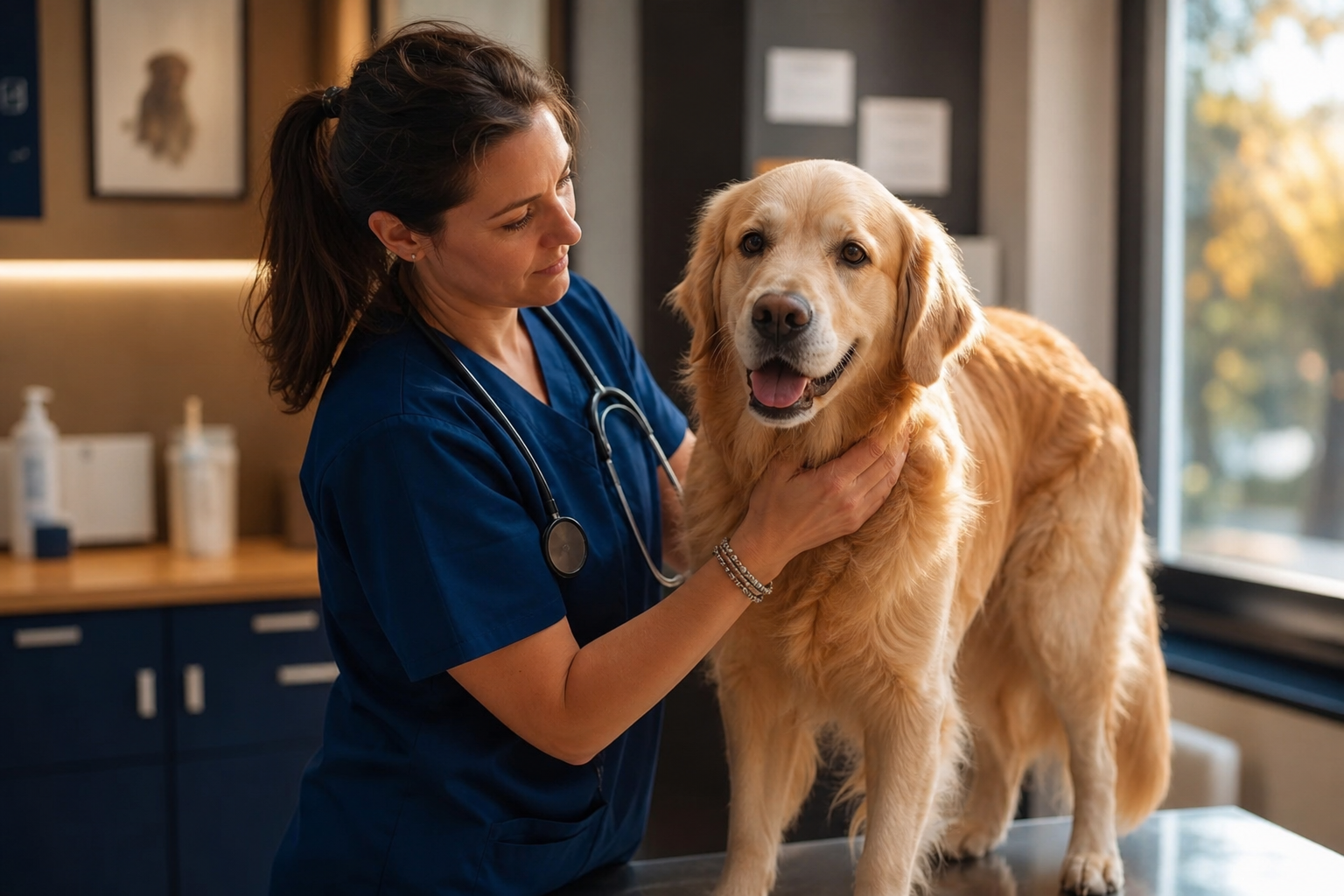 Vétérinaire auscultant un golden retriever sur la table d'examen d'une clinique