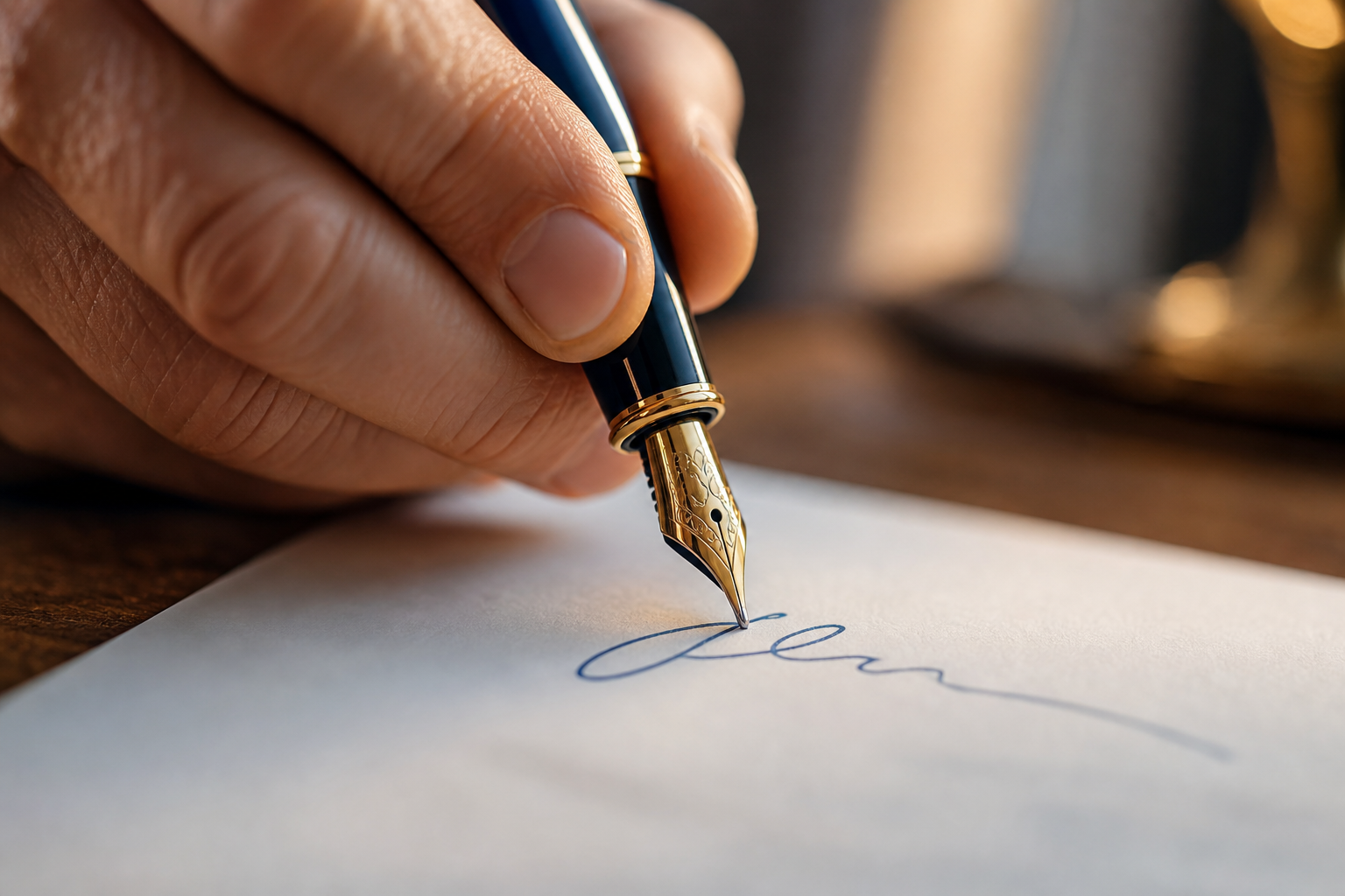 Main signant un document officiel au stylo plume