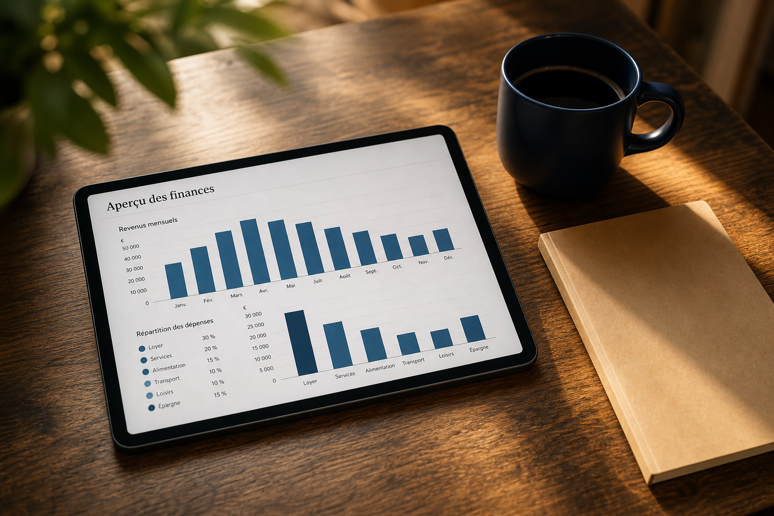 Tablette posée sur un bureau affichant des graphiques financiers