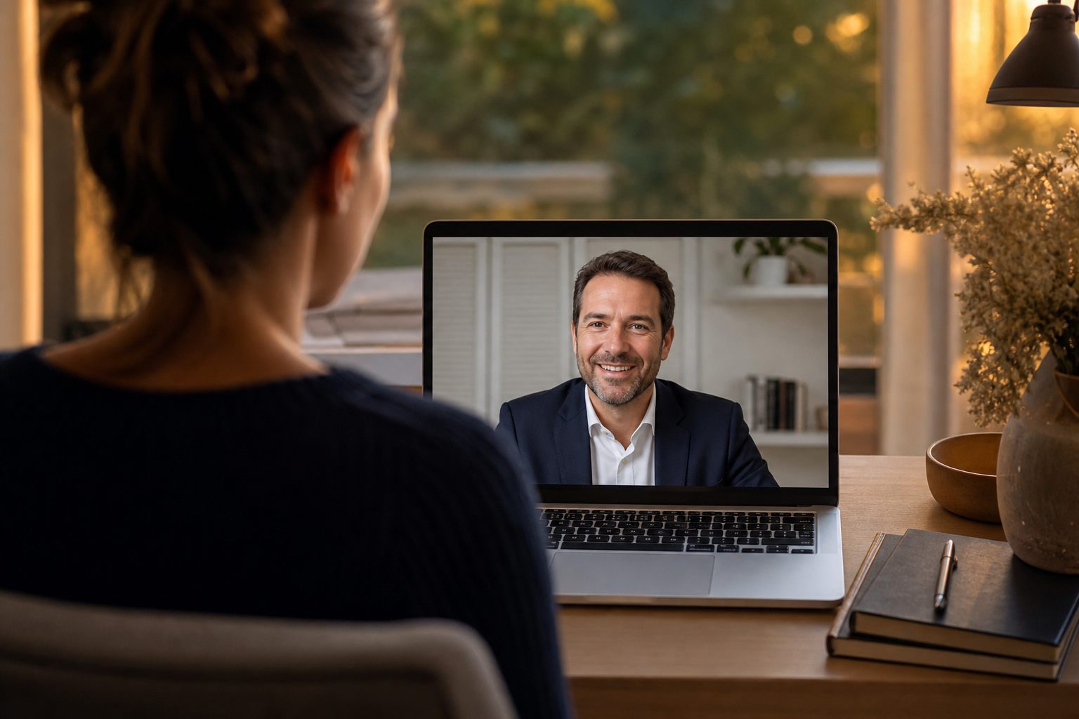 Ordinateur portable en visioconférence avec une conseillère souriante